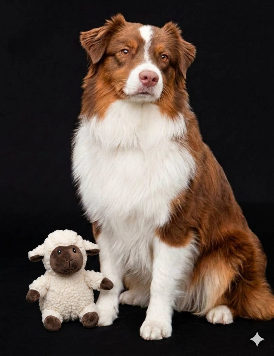 Reference photo: Australian shepherd with plush lamb