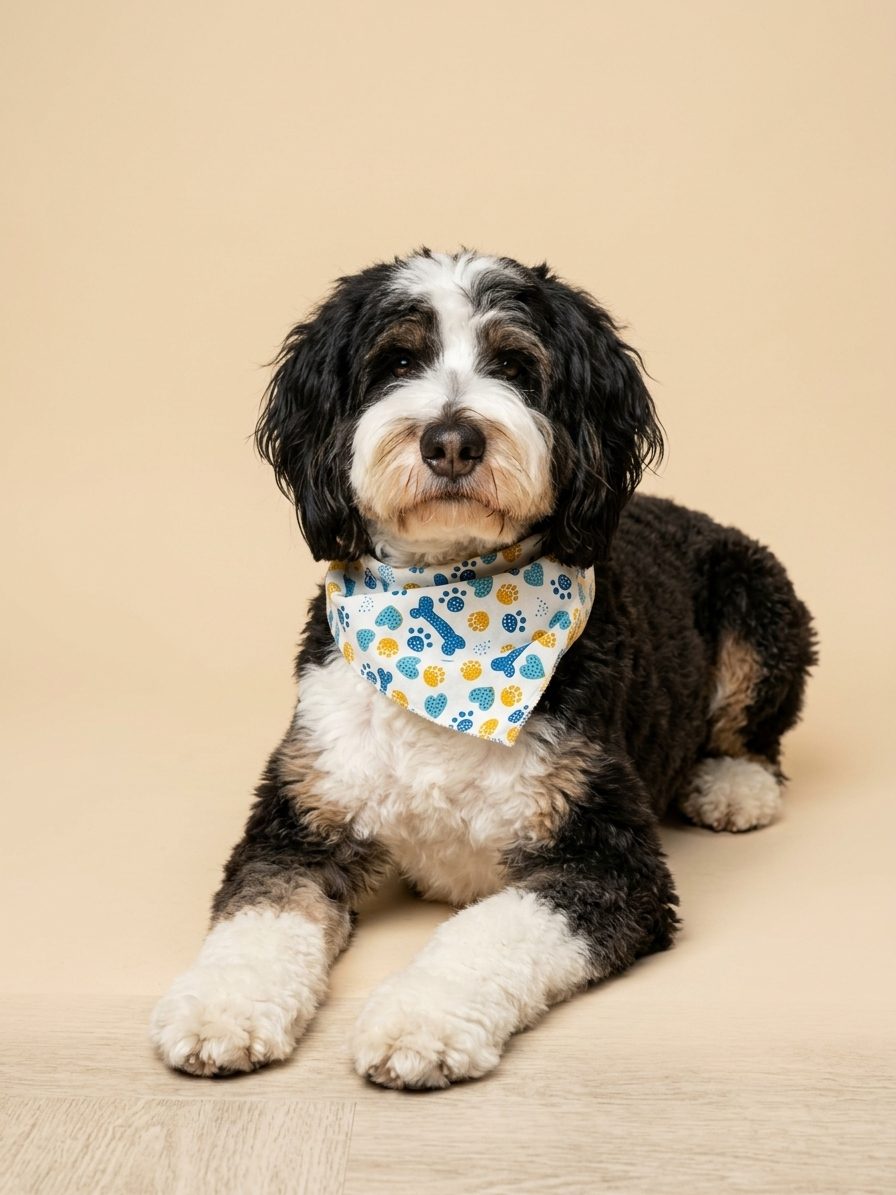 Reference photo: bernedoodle in a paw-print bandana