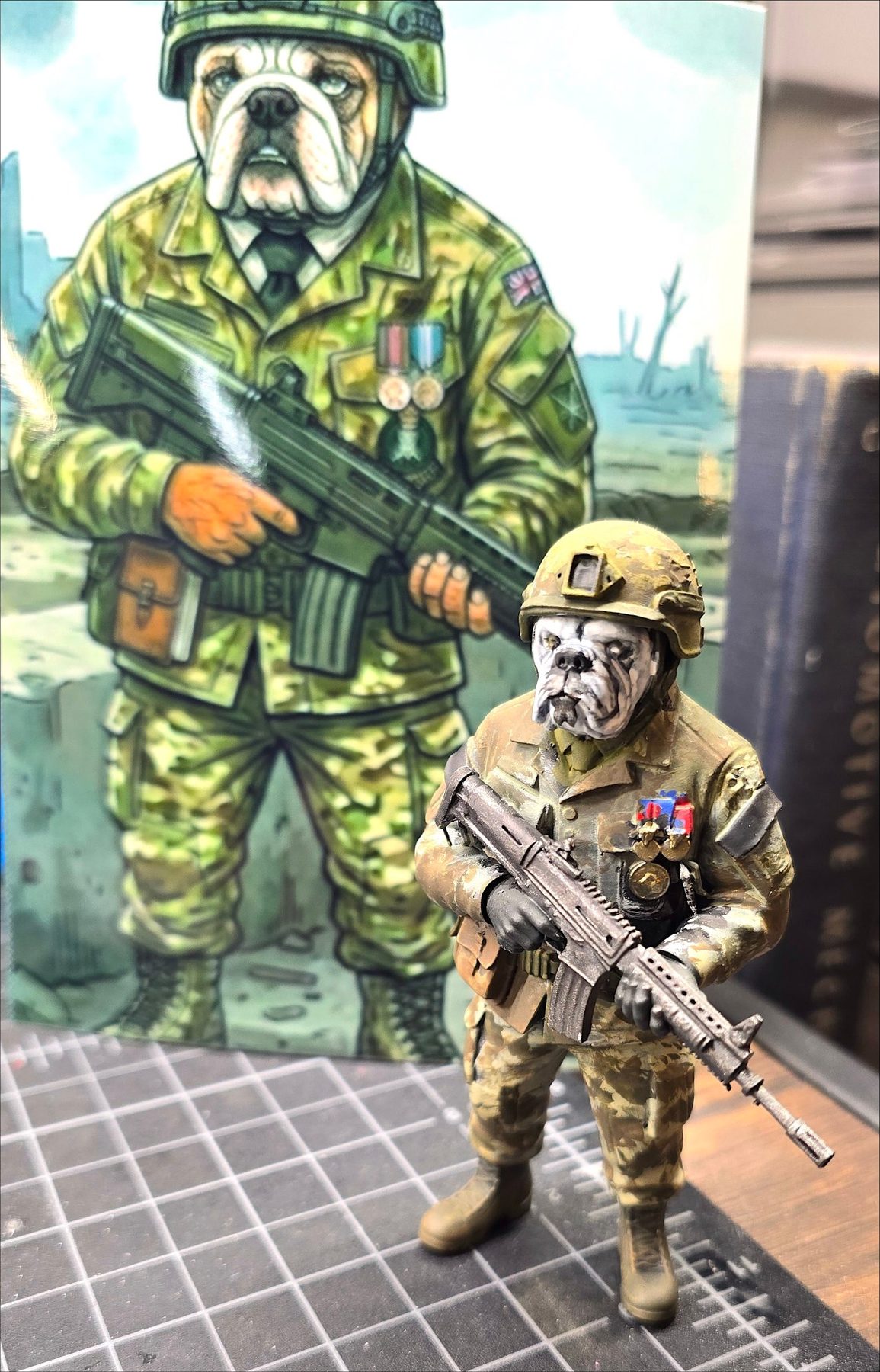 Bulldog soldier figurine beside its artwork