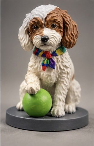 Painted cavapoo figurine with green ball