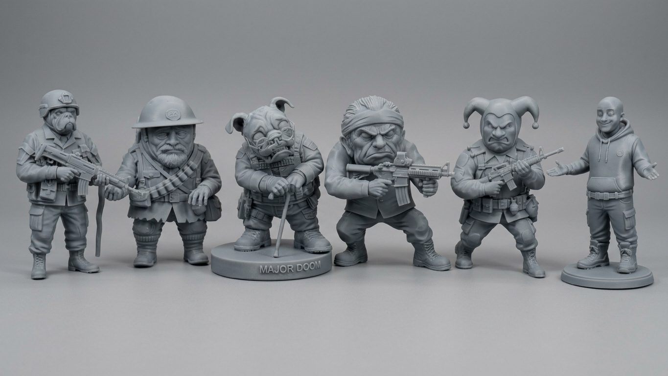 Lineup of gray resin character figurines