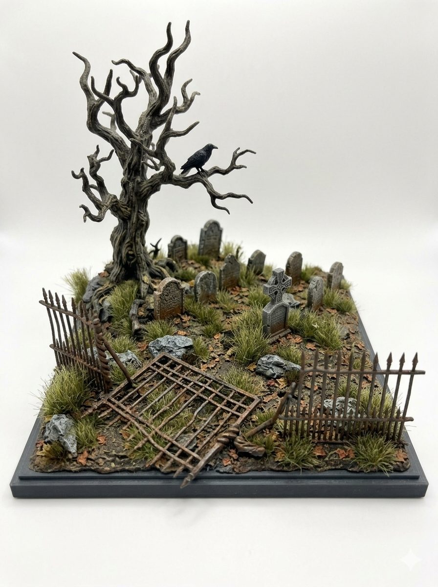 Graveyard diorama with raven and iron fence