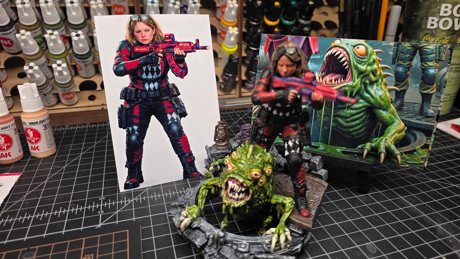 Harlequin-pattern soldier and swamp monster diorama