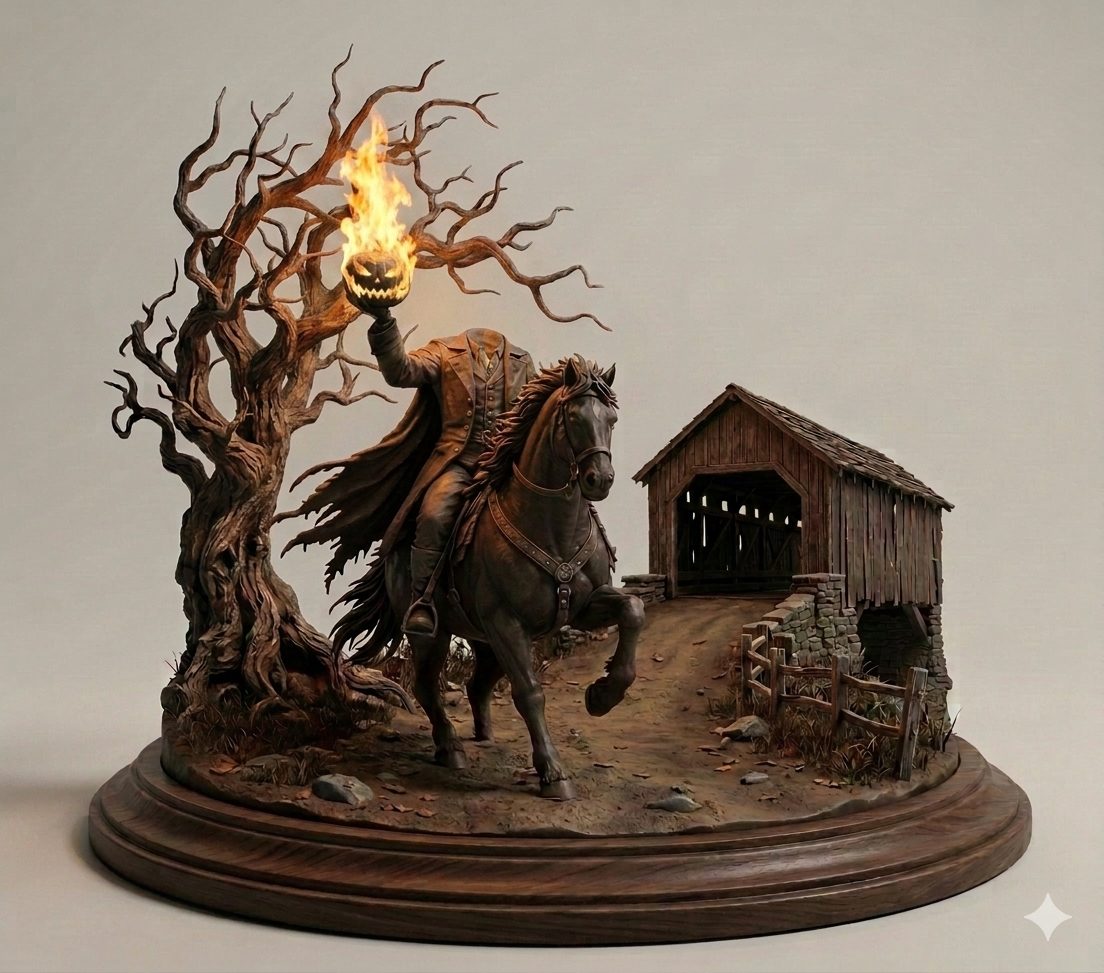 Headless horseman diorama with covered bridge