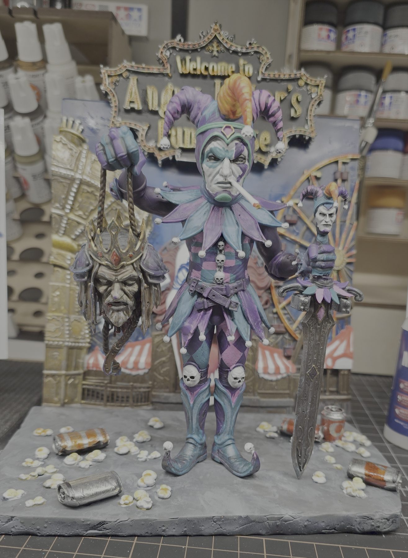 Painted jester figurine diorama