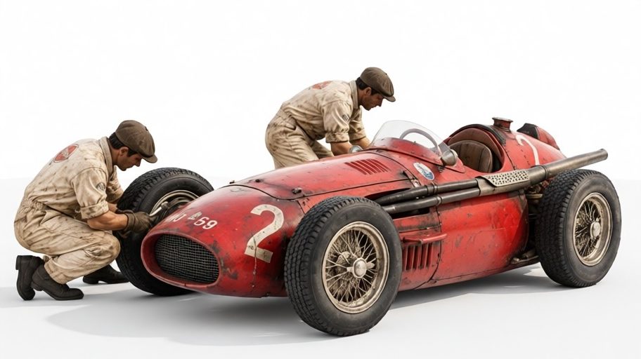 Vintage red race car with mechanics, render